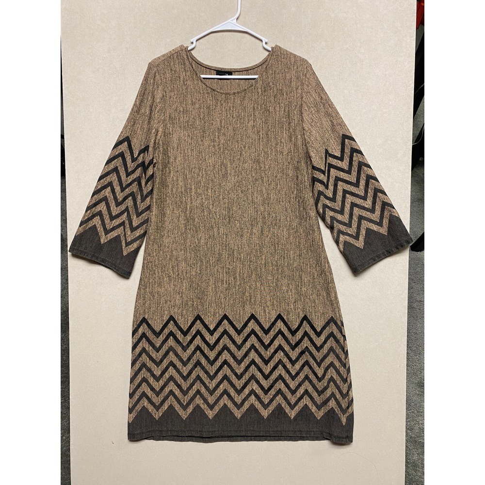 Tacera Womens XL Brown Chevron Knit Shift Dress Long Sleeve Geometric Crew Neck